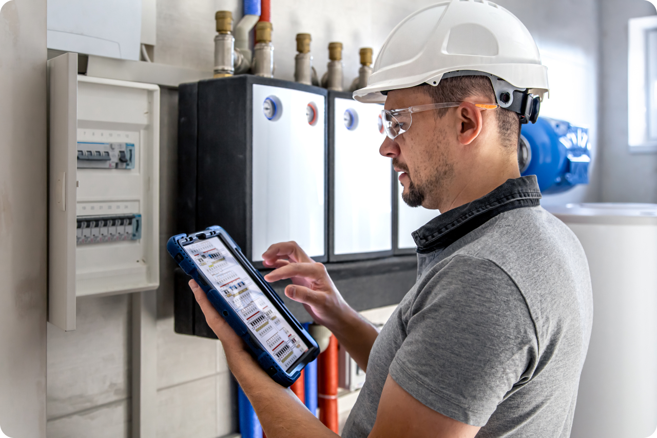 FLS technician inspecting an electrical switchboard